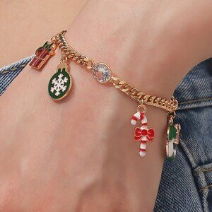 Christmas Themed Charm Bracelet, Snowflake, Candy Cane, Gift, Wreath Charms